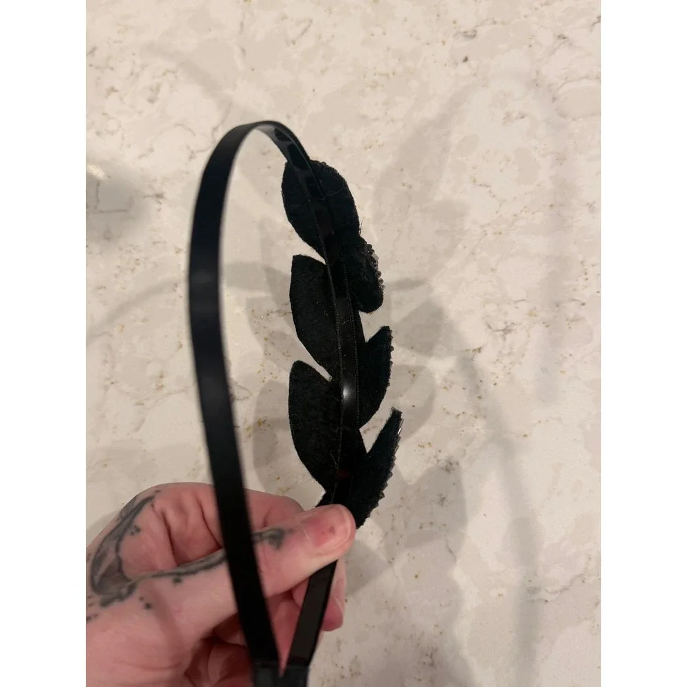 Black Beaded Leaf Headband Gunmetal Seed Bead Statement Hair Accessory Headpiece